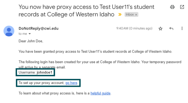 Image of an email a proxy will receive with their temporary password information