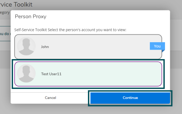Image of a persons self-service account and any active proxies to select from
