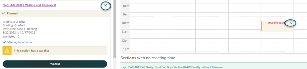 Calendar shows waitlisted course with small X in top right of course time section. Click X to remove from calendar
